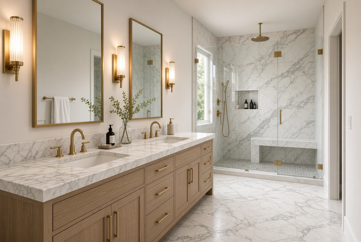 Bath with marble shower, brass fixtures, and wood vanity
