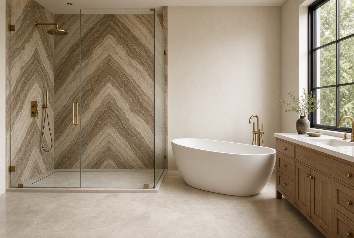 Primary bath with stone shower and freestanding tub