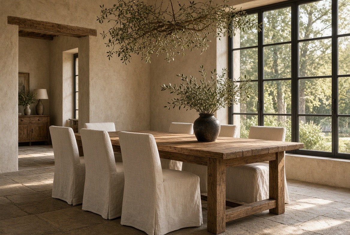 Dining room with timber, plaster, and steel windows