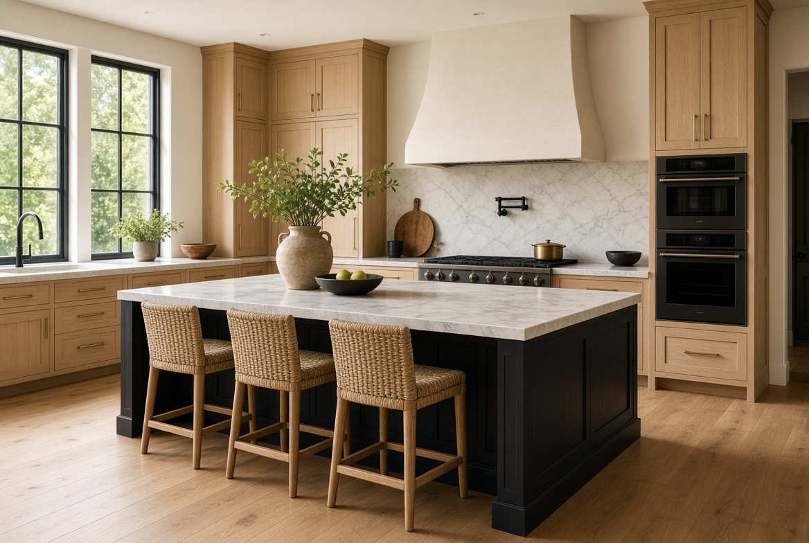 Kitchen with white oak cabinetry, dark island, and marble