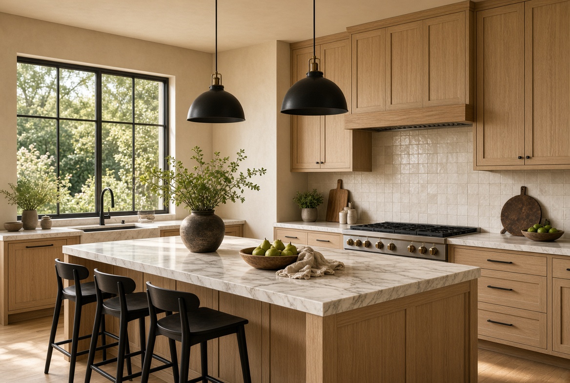 White oak kitchen with black fixtures and plaster hood